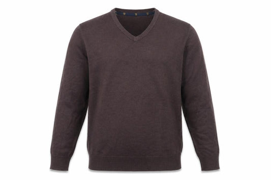 Front view of Broadbent Boothroyds men’s brown knit jumper, size M
