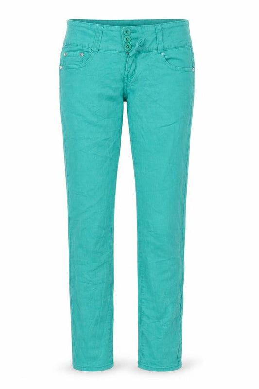 Front view of By Sasha women’s green straight jeans, size M, 30-inch leg