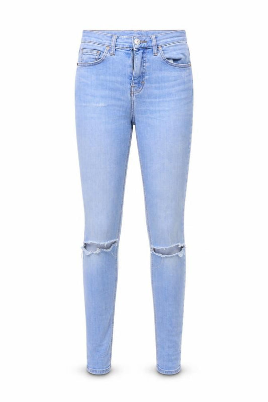 Front view of Topshop women’s blue skinny jeans, size UK 28, 30-inch leg