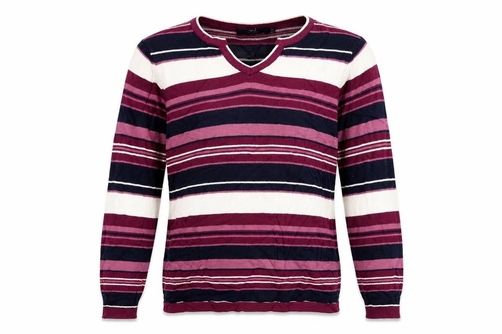 Front view of Isle women’s purple striped jumper, size UK 14