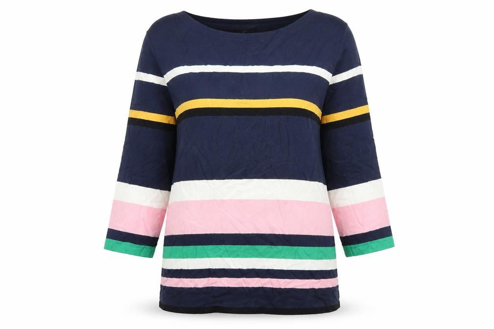 Front view of F&F women’s blue striped jumper, size UK 8