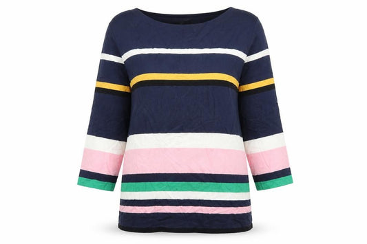 Front view of F&F women’s blue striped jumper, size UK 8