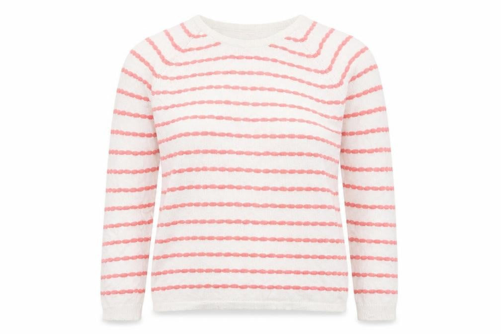 Front view of Soon women’s white striped jumper, size UK 14