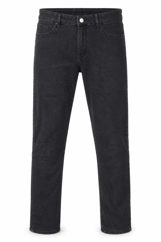 Front view of H&M men’s black denim skinny jeans, size 32, in, 29-inch leg