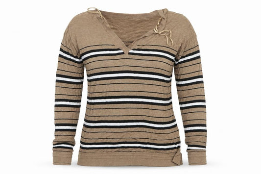 Front view of Next women’s brown striped knit jumper, size UK 14