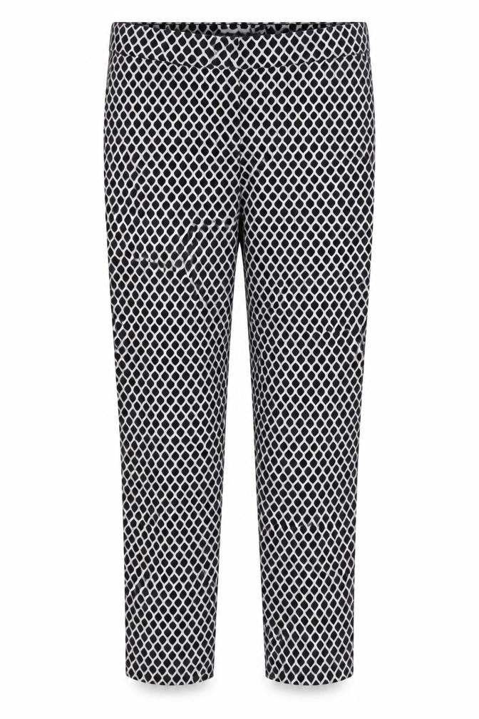 Front view of H&M women’s black geometric canvas trousers, size UK 10, 26-inch leg