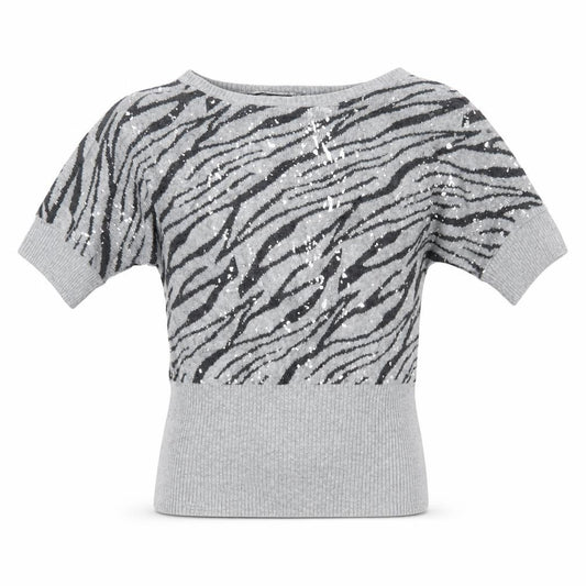 Front view of girls’ limited girls grey animal print jumper, size 5-6, years