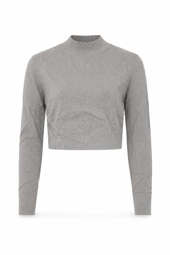 Front view of New Look women’s grey cropped blouse, size UK 10