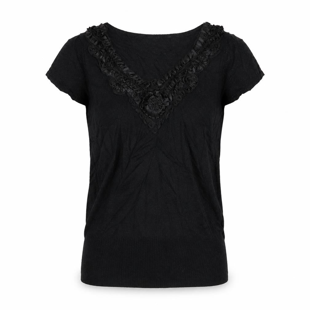 Front view of Oasis women’s black jumper, size UK 10, - flowers on collar