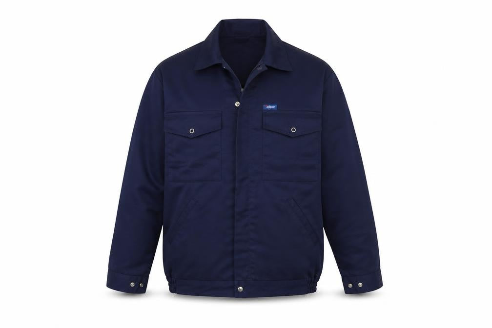 Front view of Eurostar men’s blue jacket, size M