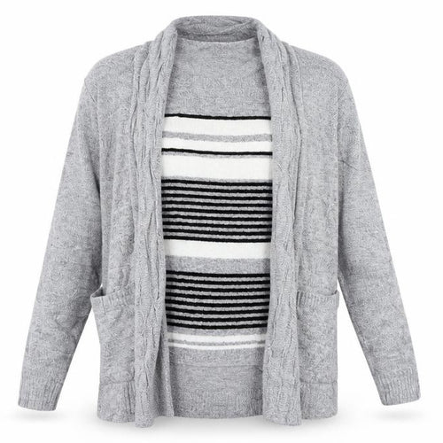 Pure & Natural Womens Grey Striped  Basic T-Shirt Size M  - top and cardigan in one