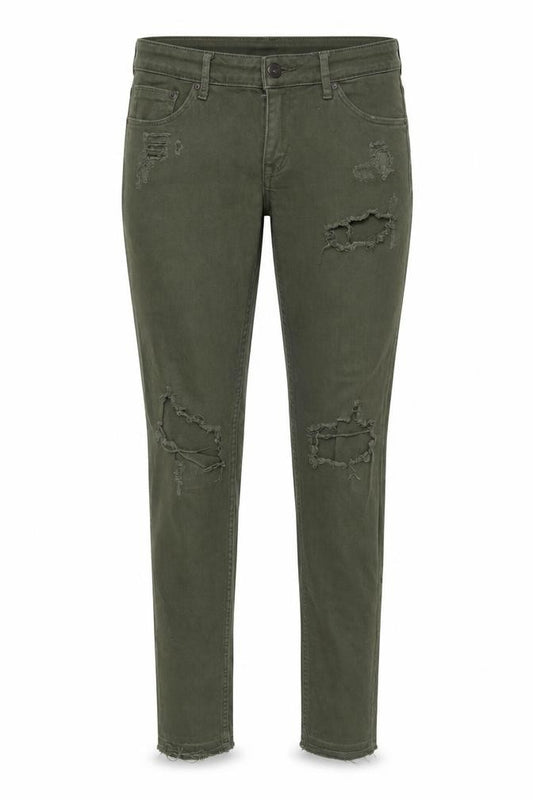 Front view of H&M women’s green denim skinny jeans, size UK 28, in, 32-inch leg