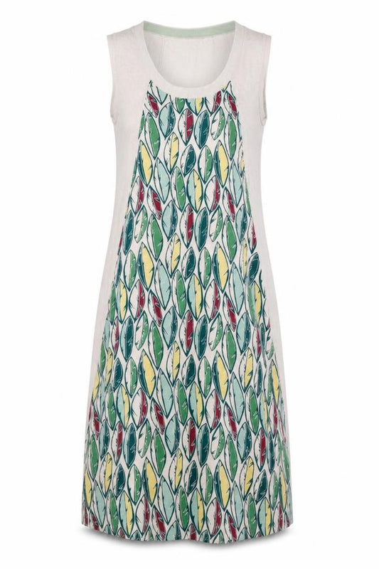 Front view of INDIWOMAN women’s beige floral jumper dress, size M