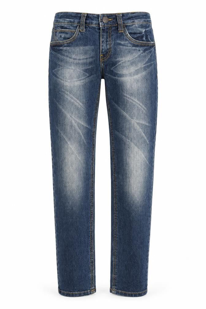 Front view of Calliope Basic women’s blue straight jeans, size S, 33-inch leg