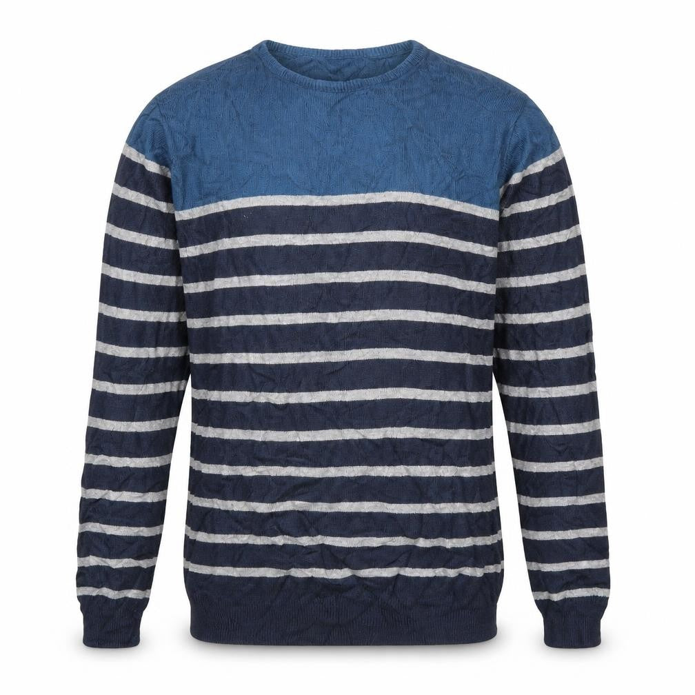 Front view of Cedarwood State men’s blue striped jumper, size S