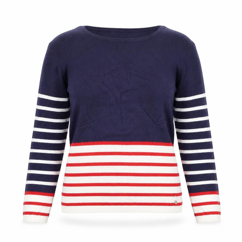 Front view of Preworn women’s blue striped jumper, size M