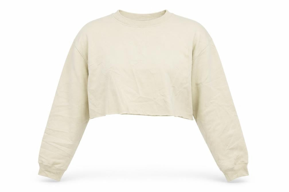 Front view of PRETTYLITTLETHING women’s beige pullover sweatshirt, size S, - cropped