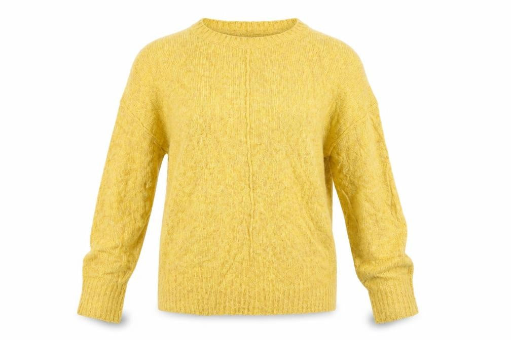 Front view of New Look women’s yellow pullover sweatshirt, size S