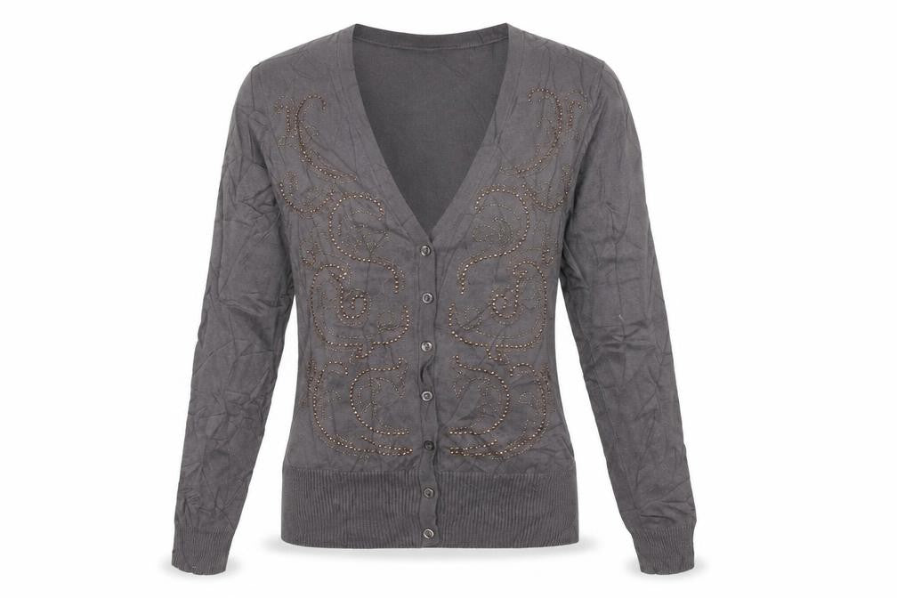 Front view of Sutherland women’s grey cardigan jumper, size L