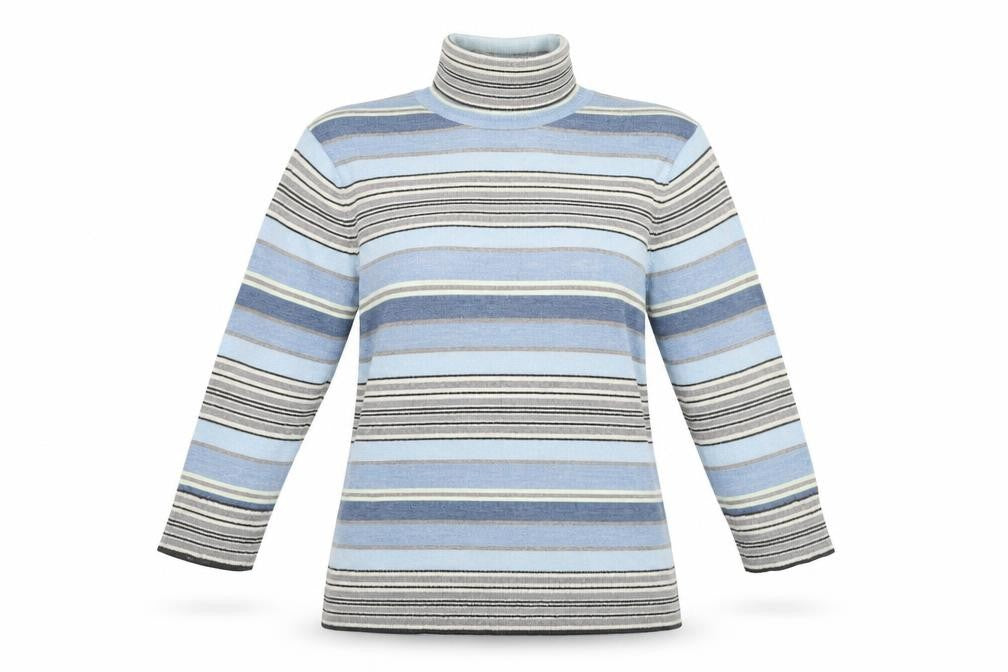 Front view of Gap women’s blue striped pullover, size M