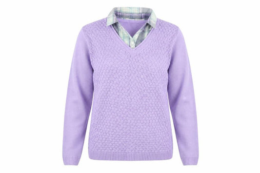 Front view of Isle Essentials women’s purple jumper, size UK 12