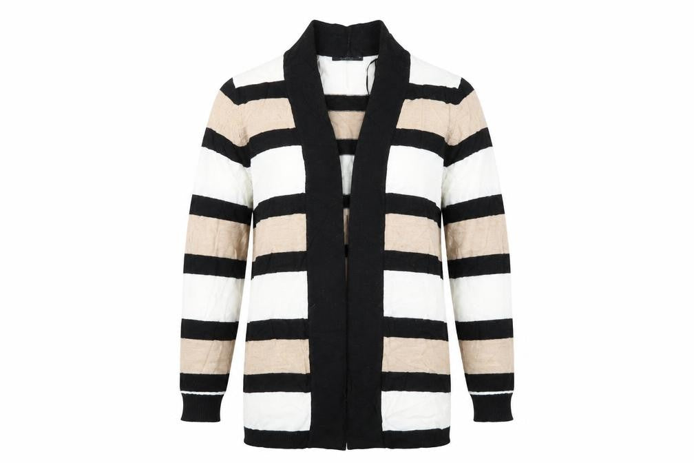 Front view of Papaya women’s black striped jumper, size UK 16