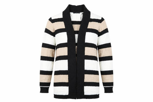 Front view of Papaya women’s black striped jumper, size UK 16