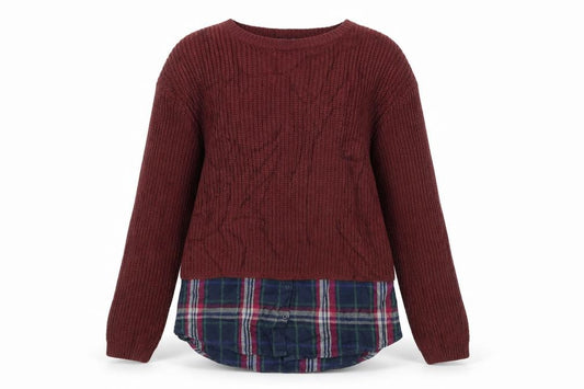 Front view of New Look girls’ brown plaid knit jumper, size 12-13, years - layered