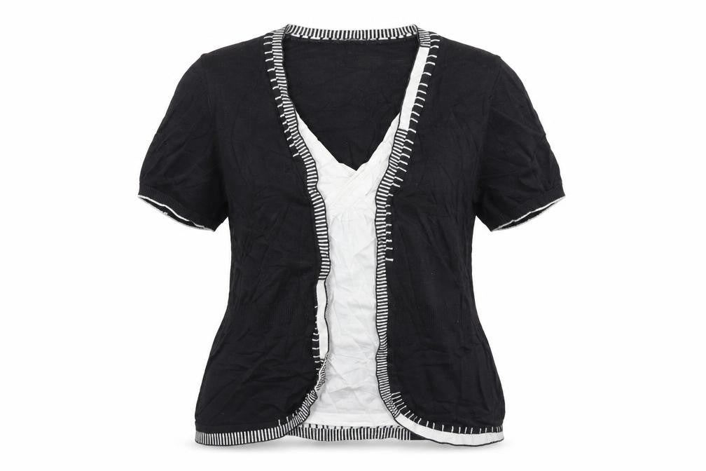 Front view of Per Una women’s black geometric jumper, size UK 16