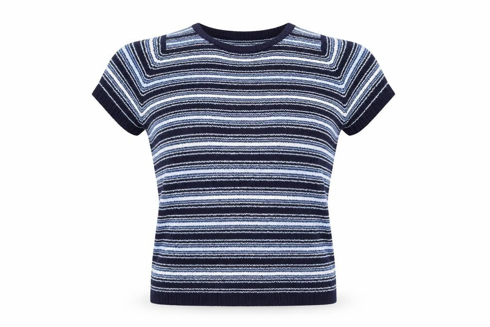 Front view of EWM women’s blue striped jumper, size UK 10
