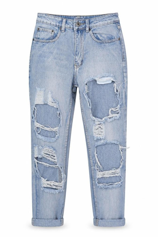 Front view of The Rockn Rev women’s blue denim mom jeans, size UK 8, 27-inch leg