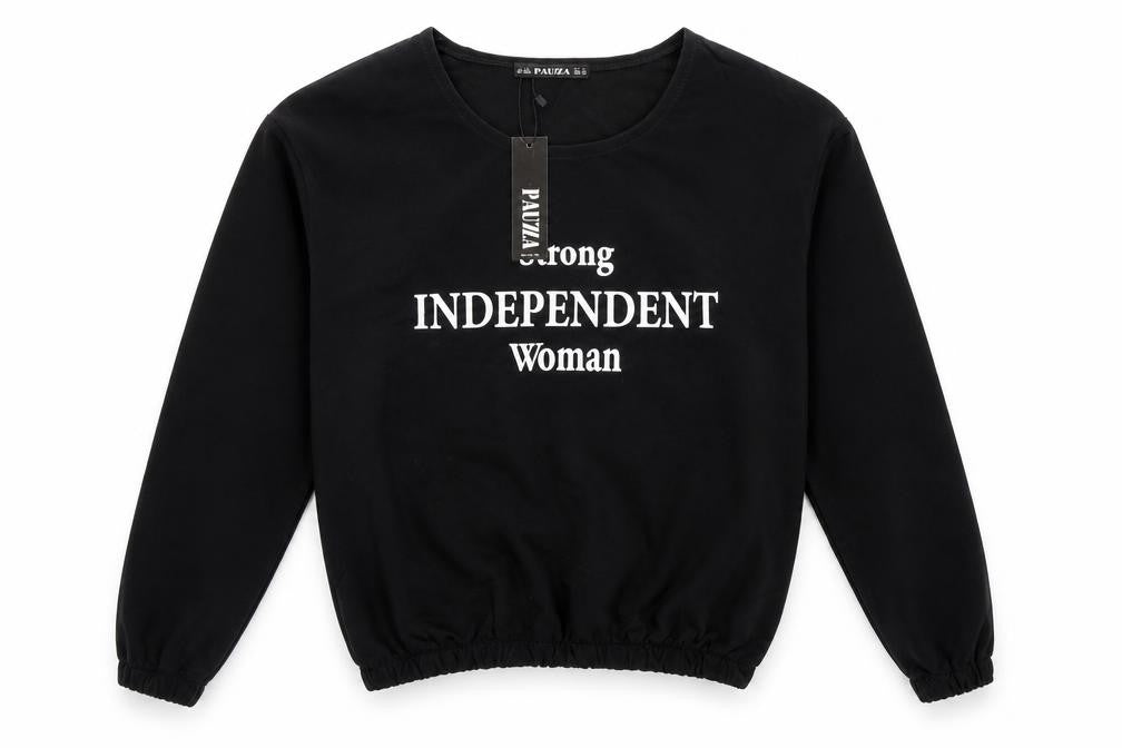 Front view of Pauza women’s black pullover sweatshirt, size S