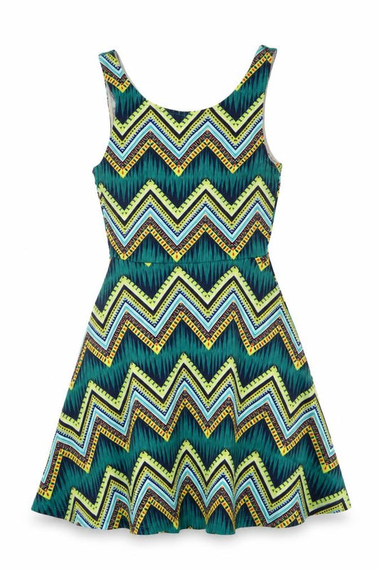 Front view of H&M women’s blue geometric tank dress, size UK 8