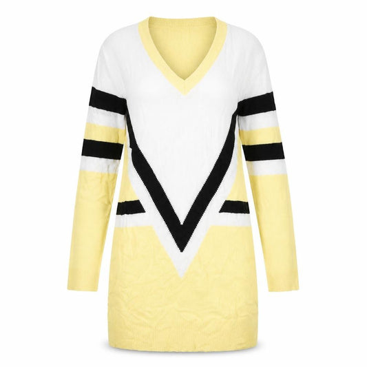 Front view of StayHere women’s yellow striped jumper dress, size M