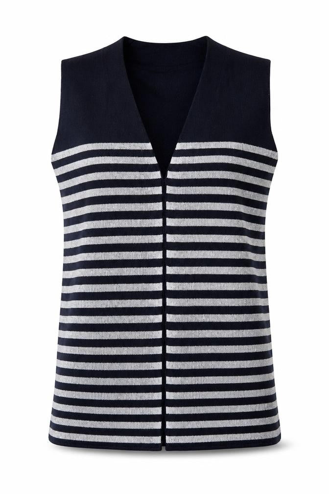 Front view of Marks & Spencer women’s blue striped vest jumper, size S