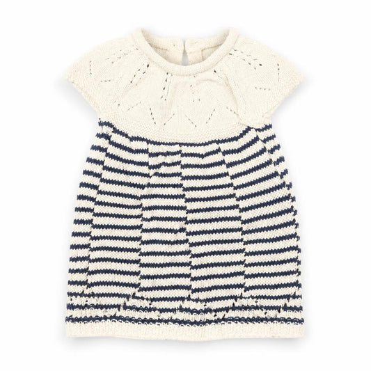Front view of Next girls’ white striped knit a-line, size 9-12, months