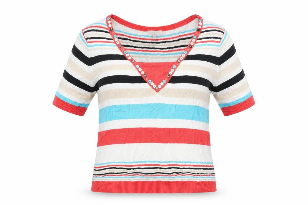 petite Womens White Striped  Basic T-Shirt Size S