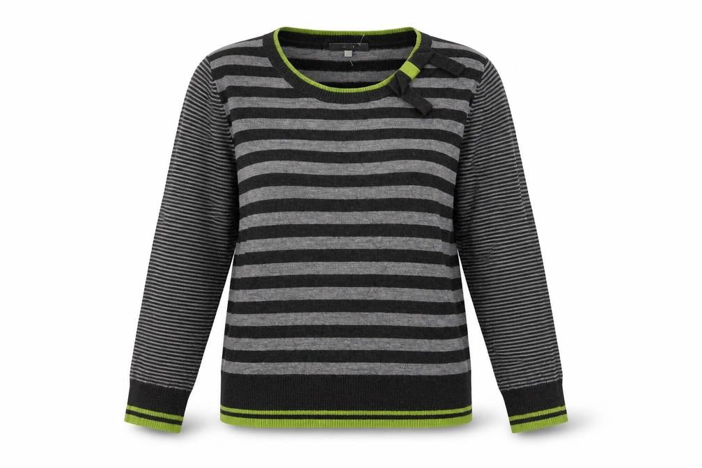 Front view of Per Una women’s grey striped jumper, size UK 12