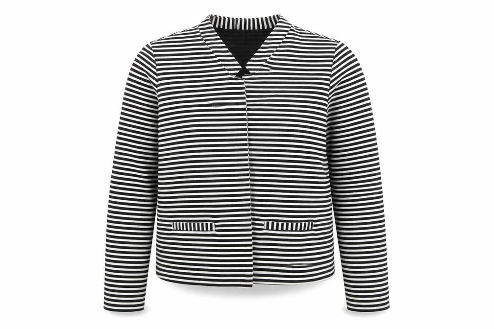 Front view of Papaya women’s black striped jacket, size UK 14