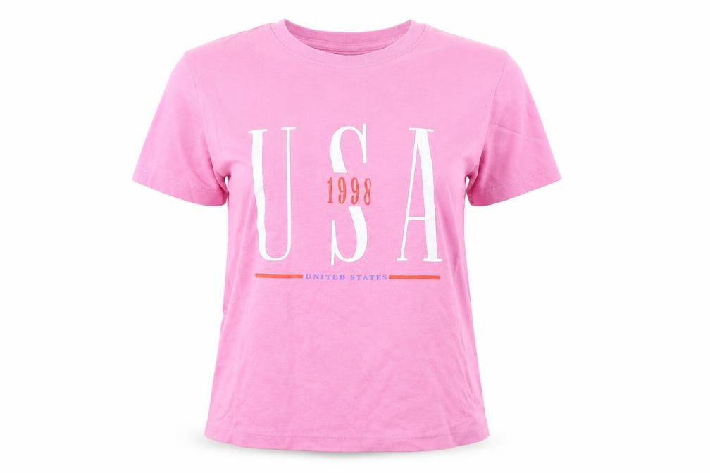 Front view of Topshop women’s pink basic t-shirt, size UK 6, - usa