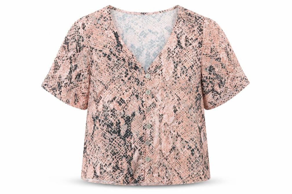 Front view of New Look women’s pink animal print basic blouse, size UK 6