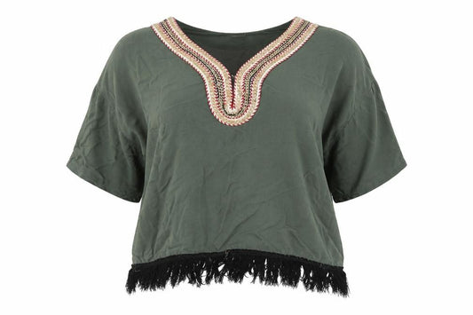 Front view of Cherry women’s green geometric basic blouse, size UK 12
