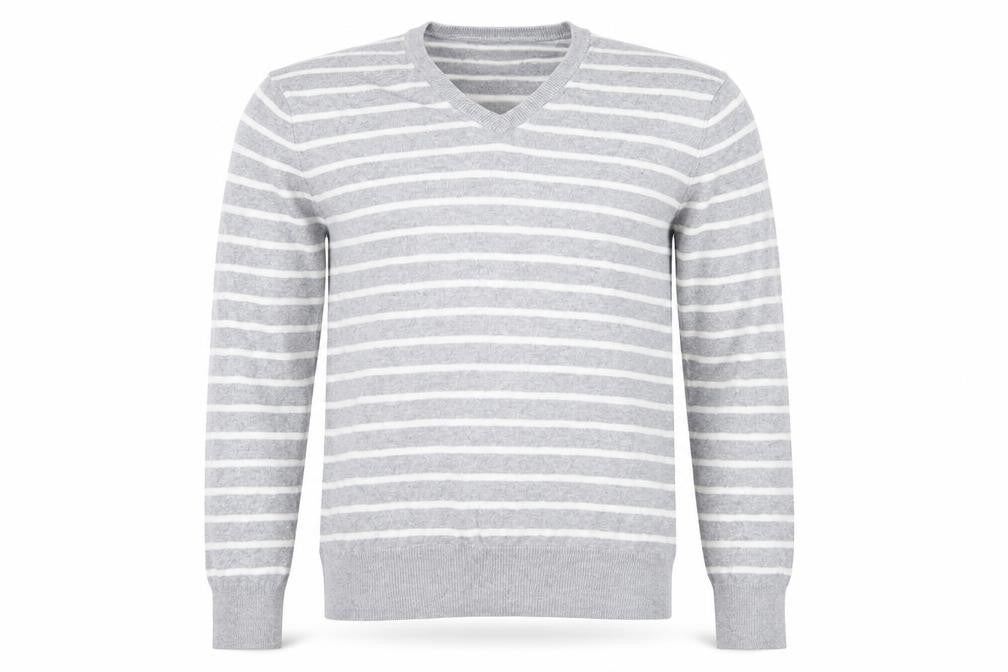 Front view of Gap men’s grey striped knit jumper, size XS