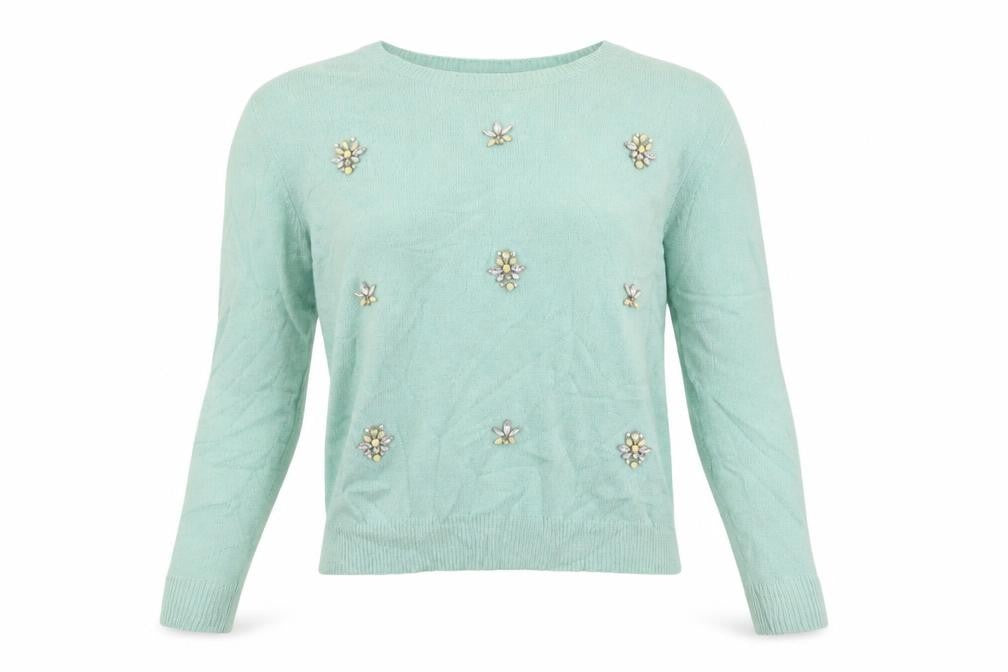 Front view of New Look women’s green jumper, size UK 8, - rhinestone