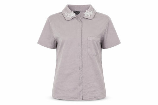 Front view of Secret Possessions women’s grey basic button-up, size UK 4