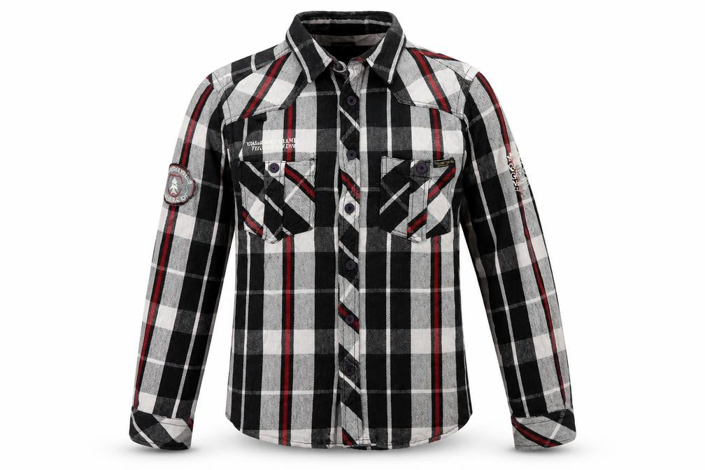 Front view of UrbanSpirit men’s grey check button-up, size S