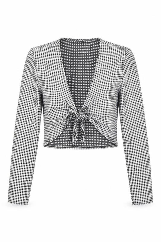 Front view of New Look women’s black check cropped blouse, size UK 8