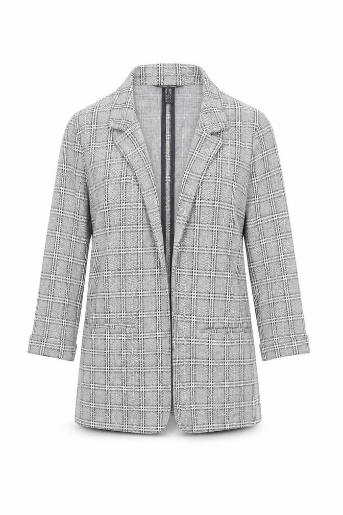 Front view of New Look women’s grey plaid jacket, size UK 10