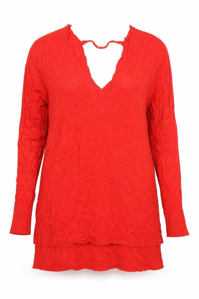 Front view of Peacocks women’s red tunic jumper, size UK 16, - keyhole neck
