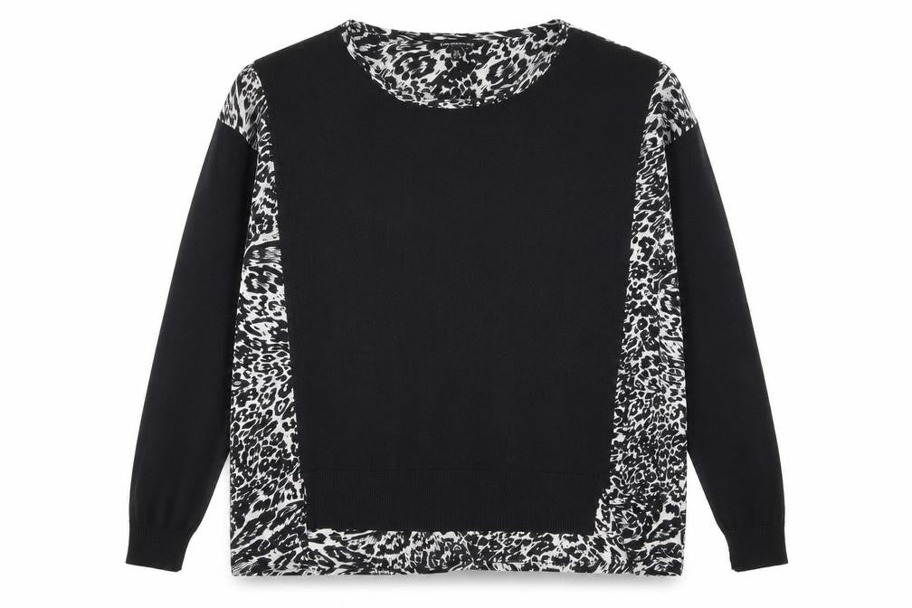 Front view of Warehouse women’s black animal print basic t-shirt, size UK 8